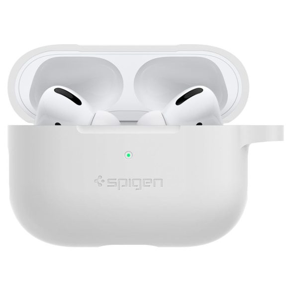 Bluetooth fülhallgató töltőtok tartó, szilikon, vezeték nélküli töltés támogatás, karabiner, Apple AirPods Pro kompatibilis, Spigen Silicone Fit, fehér