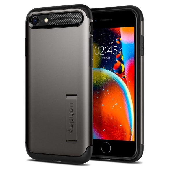 Apple iPhone 7 / 8 / SE (2020) / SE (2022), Szilikon tok, műanyag hátlappal, kitámasztóval, Spigen Slim Armor, sötétszürke