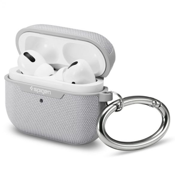 Bluetooth fülhallgató töltőtok tartó, műanyag tok, textil bevonat, vezeték nélküli töltés támogatás, karabiner, Apple AirPods Pro kompatibilis, Spigen Urban Fit, szürke