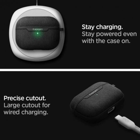 Bluetooth fülhallgató töltőtok tartó, műanyag tok, textil bevonat, vezeték nélküli töltés támogatás, karabiner, Apple AirPods Pro kompatibilis, Spigen Urban Fit, szürke