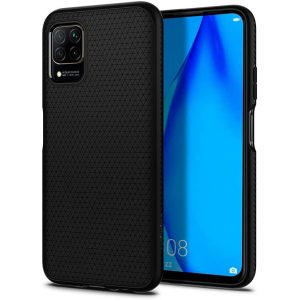 Huawei P40 Lite, Szilikon tok, Spigen Liquid Air, háromszög minta, fekete