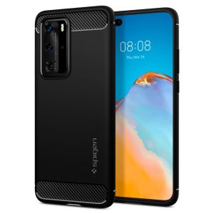 Huawei P40 Pro, Szilikon tok, Spigen Rugged Armor, karbon minta, fekete