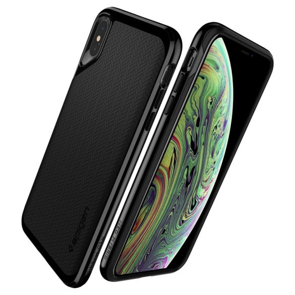 Apple iPhone 7 / 8 / SE (2020) / SE (2022), Szilikon tok, műanyag kerettel, Spigen Neo Hybrid, halszálka minta, fekete