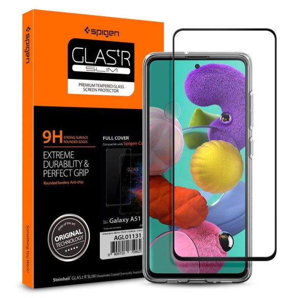 Samsung Galaxy A51 / A51 5G SM-A515F / A516F, Kijelzővédő fólia, ütésálló fólia (az íves részre is!), Tempered Glass (edzett üveg), 3D Full Cover, Spigen Glastr Slim Full Cover, fekete