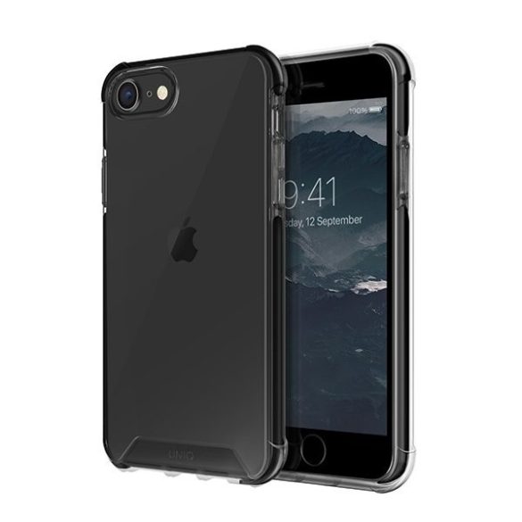 Apple iPhone 7 / 8 / SE (2020) / SE (2022), Szilikon keret + műanyag hátlap, közepesen ütésálló, légpárnás sarok, Uniq Combat, átlátszó/fekete