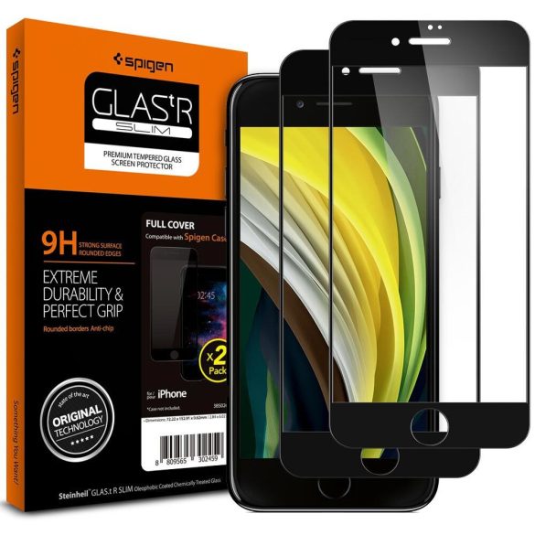 Apple iPhone 7 / 8 / SE (2020) / SE (2022), Kijelzővédő fólia, ütésálló fólia (az íves részre is!), Tempered Glass (edzett üveg), 3D Full Cover, Spigen Glastr Slim Full Cover, fekete, 2 db / csomag