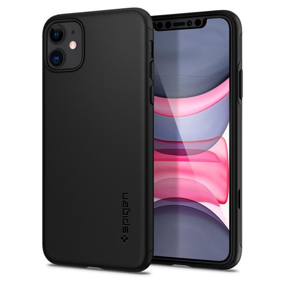 Apple iPhone 11, Műanyag hátlap védőtok (elő- és hátlapi) + Tempered Glass (edzett üveg), Spigen Thin Fit 360, fekete