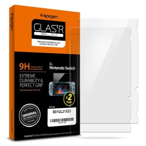 Nintendo Switch, Kijelzővédő fólia, (az íves részre NEM hajlik rá!), Tempered Glass (edzett üveg), Spigen Glastr Slim, Clear, 2 db / csomag