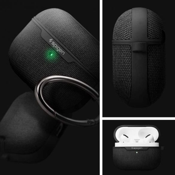 Bluetooth fülhallgató töltőtok tartó, műanyag tok, textil bevonat, vezeték nélküli töltés támogatás, karabiner, Apple AirPods Pro kompatibilis, Spigen Urban Fit, sötétzöld