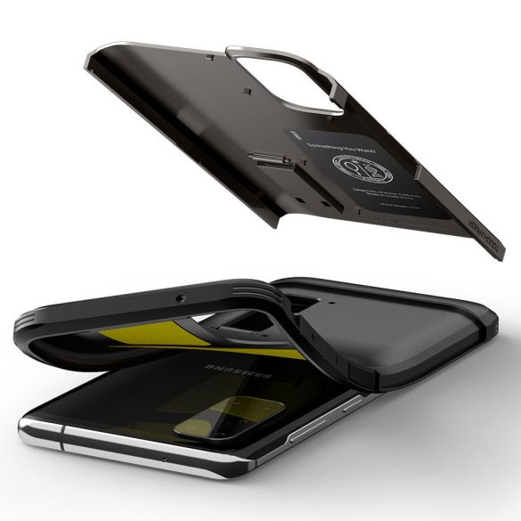 Samsung Galaxy Note 20 / 20 5G SM-N980 / N981, Szilikon tok + műanyag hátlap, kitámasztóval, Spigen Tough Armor, sötétszürke