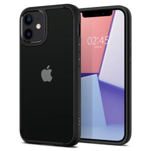 Apple iPhone 12 Mini, Szilikon tok + műanyag keret, közepesen ütésálló, Spigen Crystal Hybrid, átlátszó/fekete