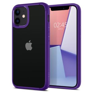 Apple iPhone 12 Mini, Szilikon tok + műanyag keret, közepesen ütésálló, Spigen Crystal Hybrid, átlátszó/lila