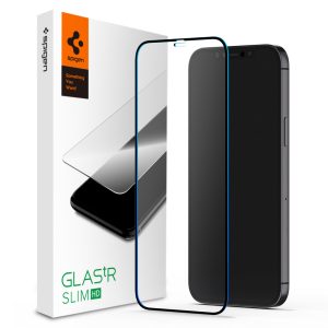 Apple iPhone 12 Mini, Kijelzővédő fólia, ütésálló fólia (az íves részre is!), Tempered Glass (edzett üveg), 3D Full Cover, Spigen Glastr Slim HD Full Cover, fekete