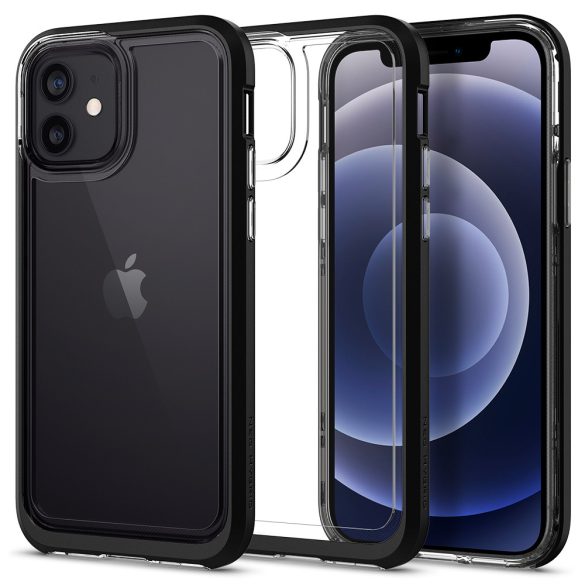 Apple iPhone 12 / 12 Pro, Szilikon tok + műanyag keret, közepesen ütésálló, Spigen Crystal Hybrid, átlátszó/fekete