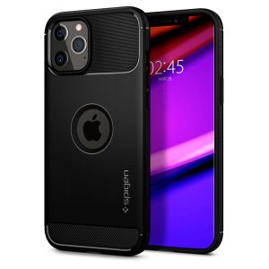 Apple iPhone 12 Pro Max, Szilikon tok, Spigen Rugged Armor, karbon minta, fekete