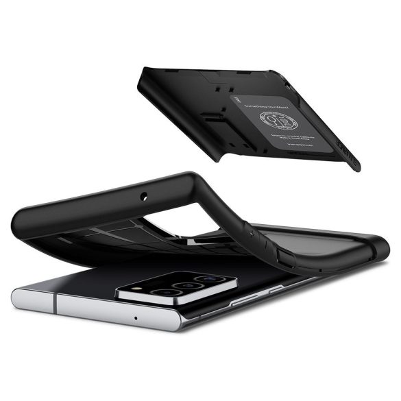 Apple iPhone 12 Pro Max, Szilikon tok, műanyag hátlappal, kitámasztóval, Spigen Slim Armor, fekete