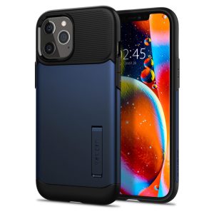 Apple iPhone 12 Pro Max, Szilikon tok, műanyag hátlappal, kitámasztóval, Spigen Slim Armor, sötétkék