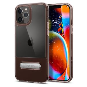 Apple iPhone 12 Pro Max, Szilikon tok, műanyag hátlappal, kitámasztóval, Spigen Slim Armor Essential, átlátszó/vörösarany