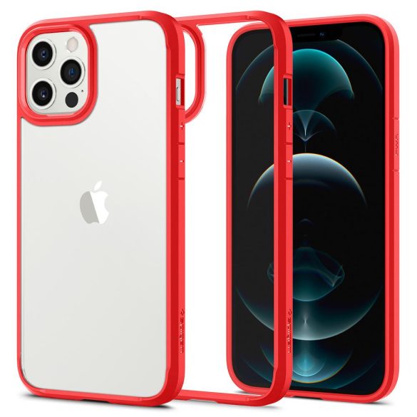 Apple iPhone 12 / 12 Pro, Műanyag hátlap védőtok + szilikon keret, Spigen Ultra Hybrid, átlátszó/piros