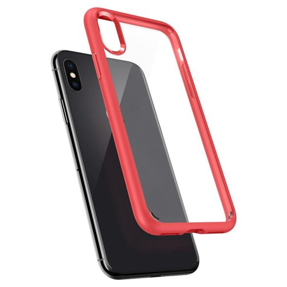 Apple iPhone 12 / 12 Pro, Műanyag hátlap védőtok + szilikon keret, Spigen Ultra Hybrid, átlátszó/piros