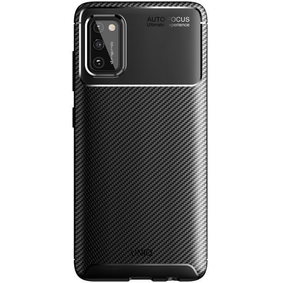 Samsung Galaxy A41 SM-A415F, Szilikon tok, közepesen ütésálló, légpárnás sarok, karbon minta, Uniq Hexa, fekete