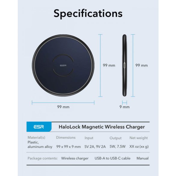 Apple iPhone 12 Mini / 12 / 12 Pro / 12 Pro Max, Vezeték nélküli töltő, Qi Wireless, 7.5W, ESR HaloLock Magsafe, sötétkék