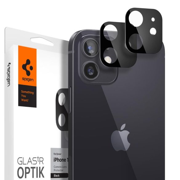 Apple iPhone 12, Kamera lencsevédő fólia, ütésálló fólia, Tempered Glass (edzett üveg), Spigen Glastr Optik, fekete, 2 db / csomag