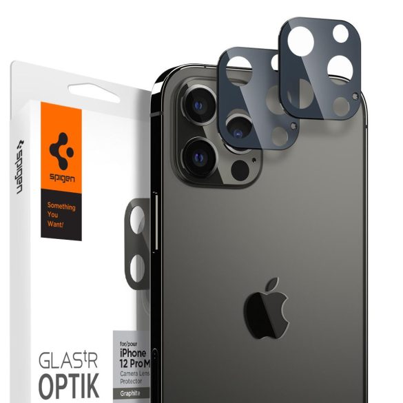 Apple iPhone 12 Pro Max, Kamera lencsevédő fólia, ütésálló fólia, Tempered Glass (edzett üveg), Spigen Glastr Optik, szürke, 2 db / csomag