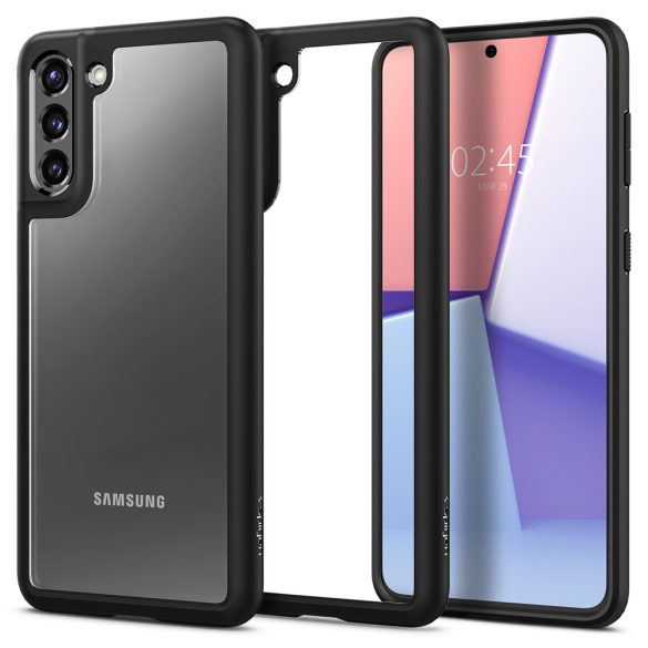 Samsung Galaxy S21 5G SM-G991, Műanyag hátlap védőtok + szilikon keret, Spigen Ultra Hybrid, átlátszó/fekete