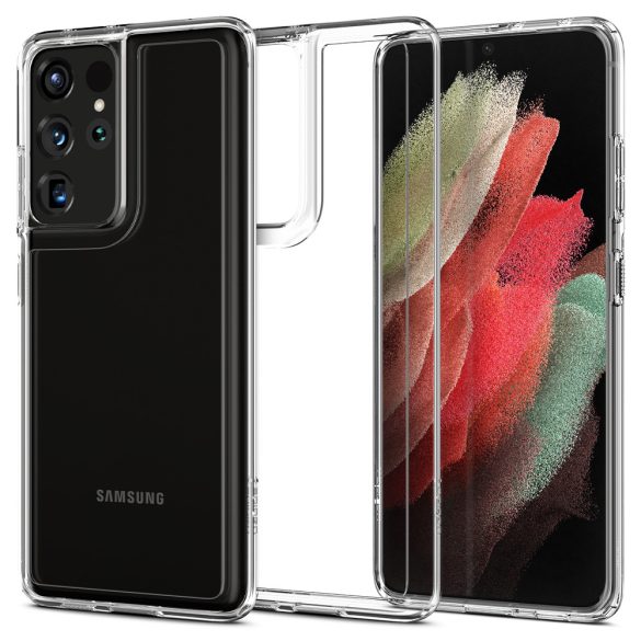 Samsung Galaxy S21 Ultra 5G SM-G998, Szilikon tok + műanyag keret, közepesen ütésálló, Spigen Crystal Hybrid, átlátszó