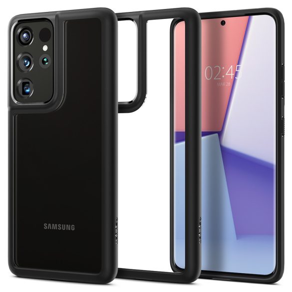 Samsung Galaxy S21 Ultra 5G SM-G998, Műanyag hátlap védőtok + szilikon keret, Spigen Ultra Hybrid, átlátszó/fekete
