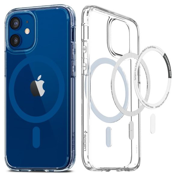Apple iPhone 12 / 12 Pro, Műanyag hátlap védőtok + szilikon keret, Magsafe töltővel kompatibilis, Spigen Ultra Hybrid Mag, átlátszó/kék