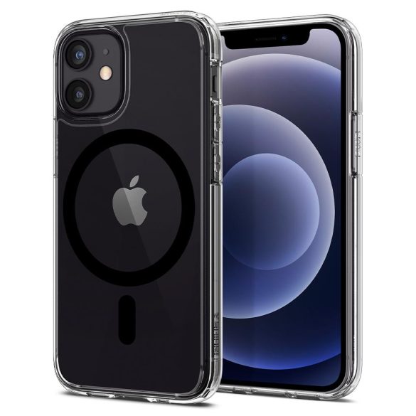 Apple iPhone 12 Mini, Műanyag hátlap védőtok + szilikon keret, Magsafe töltővel kompatibilis, Spigen Ultra Hybrid Mag, átlátszó/fekete