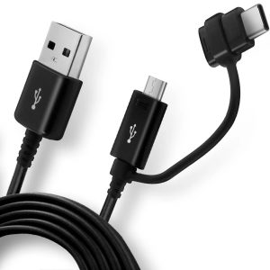 USB töltő- és adatkábel 2in1, 1 x microUSB, 1 x USB Type-C, 150 cm, Samsung, fekete, gyári