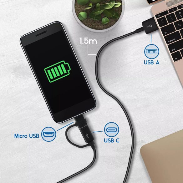 USB töltő- és adatkábel 2in1, 1 x microUSB, 1 x USB Type-C, 150 cm, Samsung, fekete, gyári