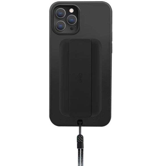 Apple iPhone 12 / 12 Pro, Szilikon keret + műanyag hátlap, ujjpánt + csuklópánt, Uniq Hybrid Heldro, fekete