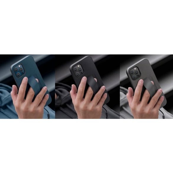 Apple iPhone 12 / 12 Pro, Szilikon keret + műanyag hátlap, ujjpánt + csuklópánt, Uniq Hybrid Heldro, fekete