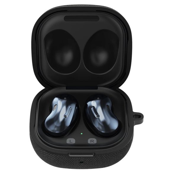 Bluetooth fülhallgató töltőtok tartó, műanyag tok, textil bevonat, vezeték nélküli töltés támogatás, karabiner, Samsung Galaxy Buds 2 / Live / Pro kompatibilis, Spigen Urban Fit, fekete