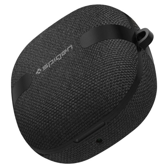 Bluetooth fülhallgató töltőtok tartó, műanyag tok, textil bevonat, vezeték nélküli töltés támogatás, karabiner, Samsung Galaxy Buds 2 / Live / Pro kompatibilis, Spigen Urban Fit, fekete