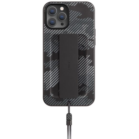 Apple iPhone 12 Pro Max, Szilikon keret + műanyag hátlap, ujjpánt + csuklópánt, terep minta, Uniq Hybrid Heldro, sötétszürke