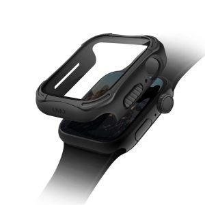 Apple Watch 4-6, SE (44mm), Műanyag + szilikon védőkeret, 9H üveggel, közepesen ütésálló, Antibakteriális védelemmel, szíj nélkül, Uniq Torres, fekete