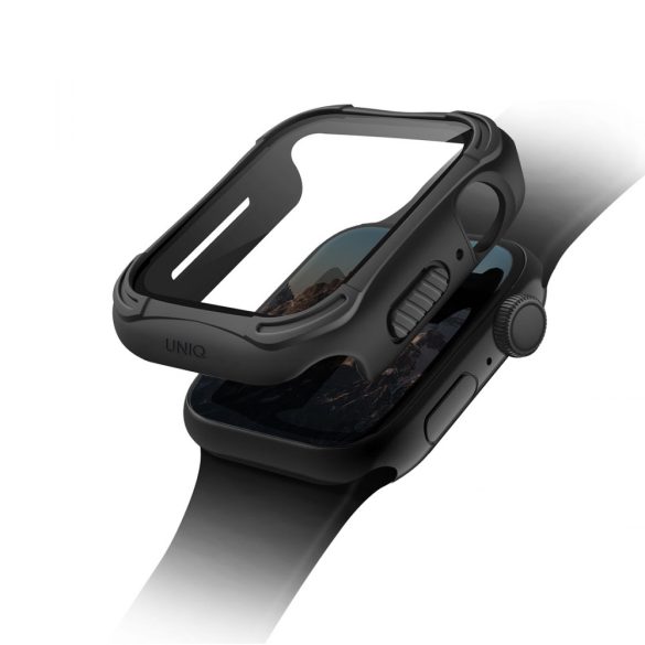 Apple Watch 4-6, SE (44mm), Műanyag + szilikon védőkeret, 9H üveggel, közepesen ütésálló, Antibakteriális védelemmel, szíj nélkül, Uniq Torres, fekete