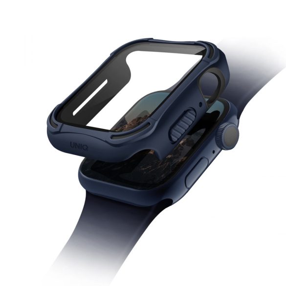 Apple Watch 4-6, SE (44mm), Műanyag + szilikon védőkeret, 9H üveggel, közepesen ütésálló, Antibakteriális védelemmel, szíj nélkül, Uniq Torres, kék
