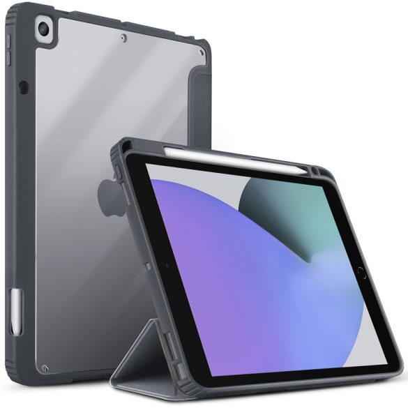 Apple iPad 10.2 (2019 / 2020 / 2021), mappa tok, közepesen ütésálló, Apple Pencil tartóval, Antibakteriális védelemmel, Origami Smart Case, Uniq Moven, átlátszó/fekete