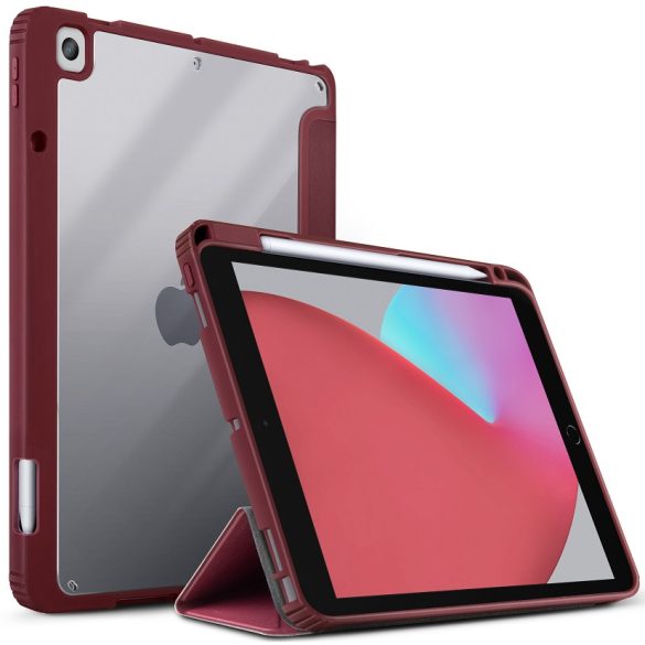 Apple iPad 10.2 (2019 / 2020 / 2021), mappa tok, közepesen ütésálló, Apple Pencil tartóval, Antibakteriális védelemmel, Origami Smart Case, Uniq Moven, átlátszó/bordó