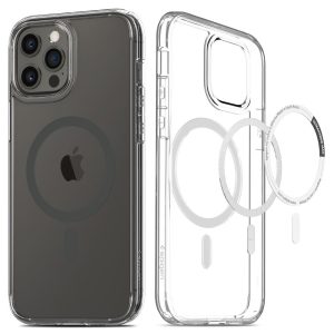 Apple iPhone 12 Pro Max, Műanyag hátlap védőtok + szilikon keret, Magsafe töltővel kompatibilis, Spigen Ultra Hybrid Mag, átlátszó/szürke