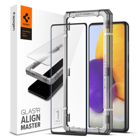 Samsung Galaxy A72 / A72 5G SM-A725F / A726B, Kijelzővédő fólia, ütésálló fólia (az íves részre is!), Tempered Glass (edzett üveg), Full Cover, Spigen Glastr Alignmaster, fekete