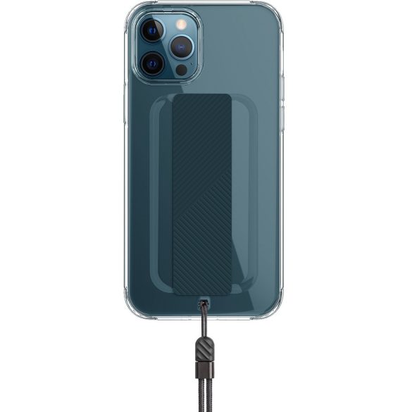 Apple iPhone 12 Pro Max, Szilikon keret + műanyag hátlap, ujjpánt + csuklópánt, Uniq Hybrid Heldro, kék