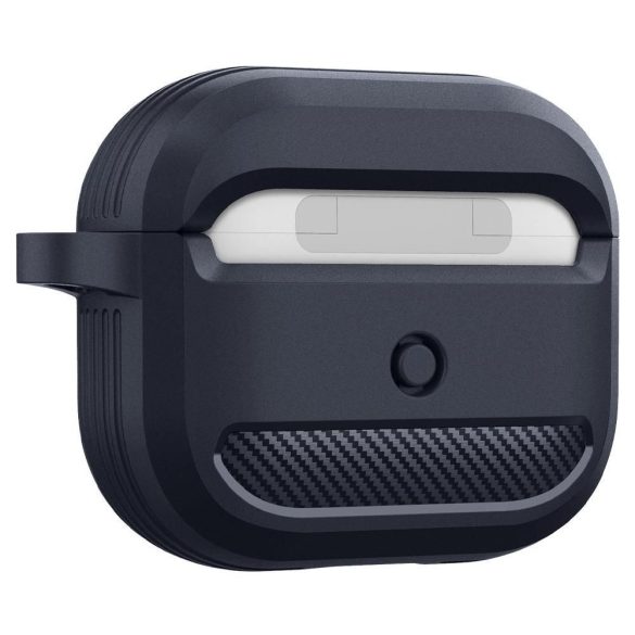 Bluetooth fülhallgató töltőtok tartó, szilikon, vezeték nélküli töltés támogatás, karabiner, Apple AirPods 3 kompatibilis, Spigen Rugged Armor, szürke