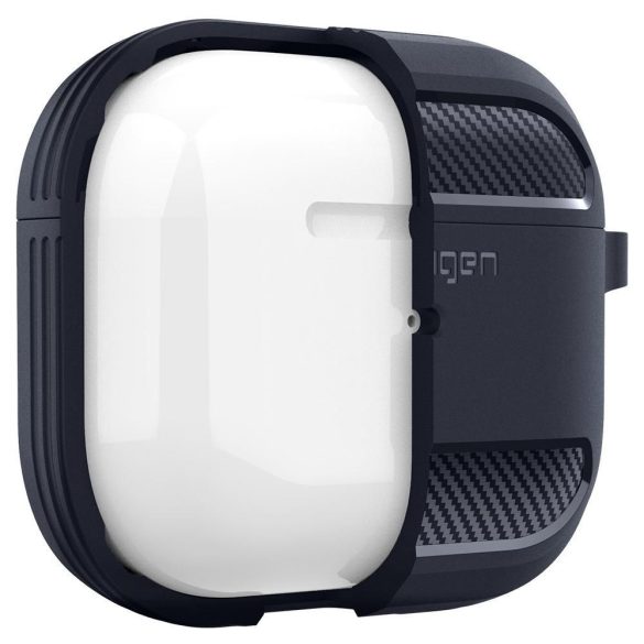 Bluetooth fülhallgató töltőtok tartó, szilikon, vezeték nélküli töltés támogatás, karabiner, Apple AirPods 3 kompatibilis, Spigen Rugged Armor, szürke